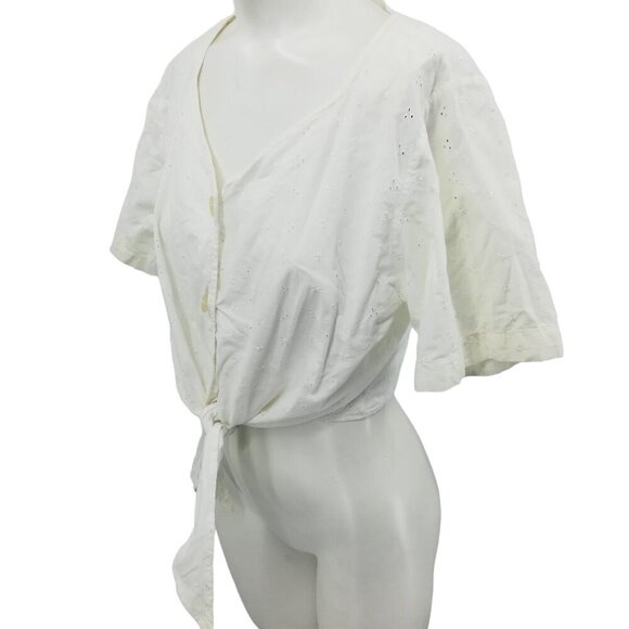 Vintage Stefano Cropped Eyelet Lace Tie Front Short Sleeve Blouse Size M Top 90s - Picture 4 of 11